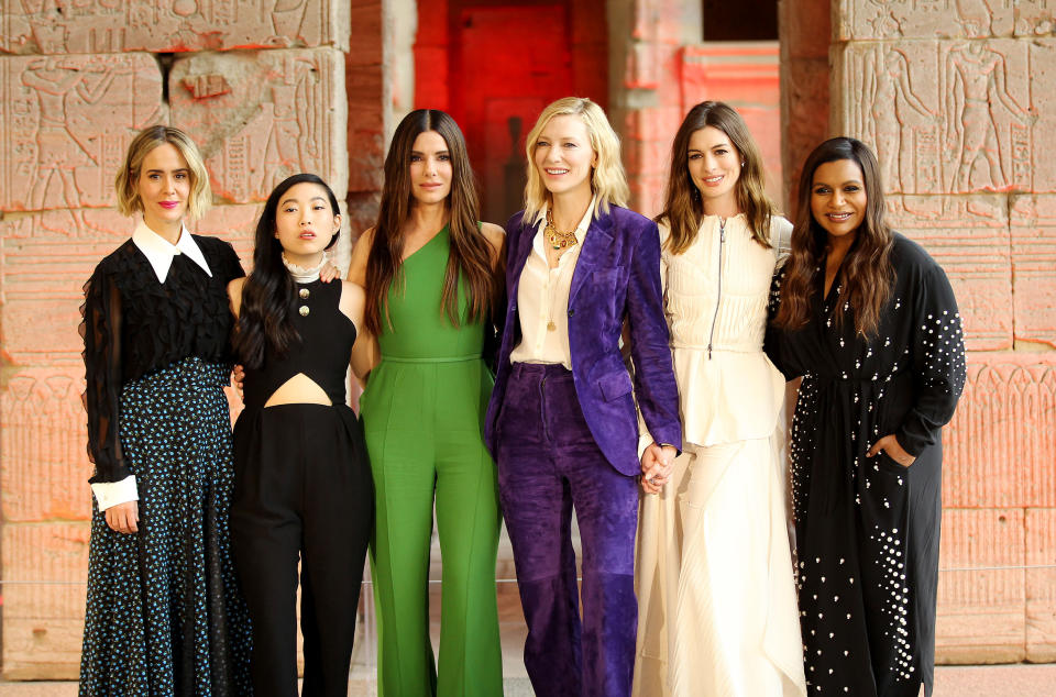 From left: Sarah Paulson, Awkwafina, Sandra Bullock, Cate Blanchett, Anne Hathaway, and Mindy Kaling at an ‘Ocean’s 8’ photocall in NYC