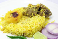 <p>The Nawabs of Lucknow were exiled in Kolkata after the 1857 Sepoy Mutiny. In days the of exile meat was scarce, so the Nawabs cooks added potatoes to the biryani. That is why, the present day Kolkata biryani contains potatoes along with meat. </p>