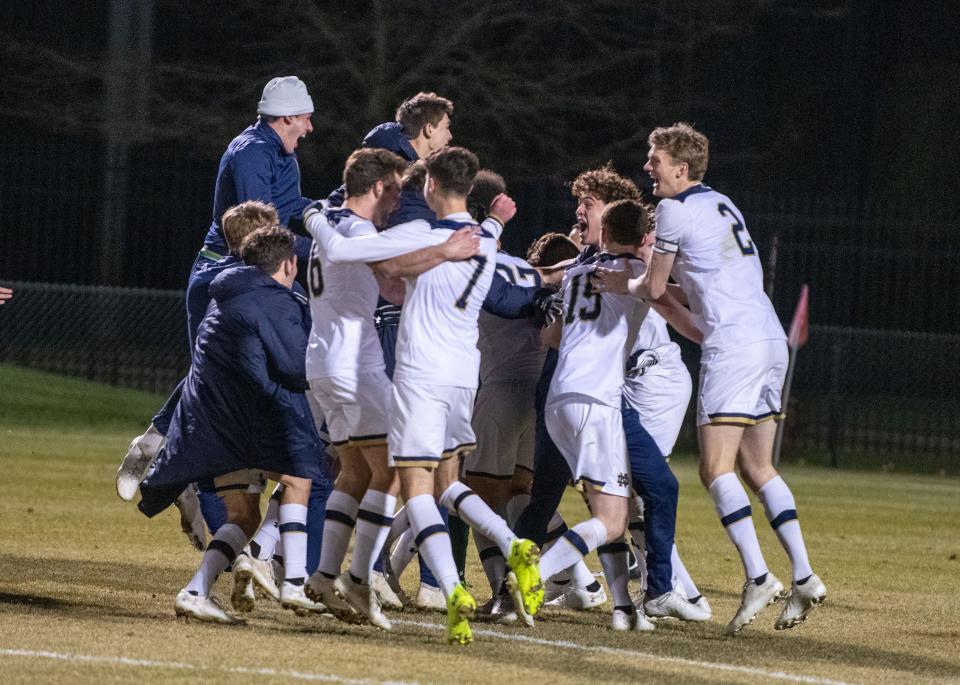 The Notre Dame men's soccer team celebrates its win against Pitt Saturday night at Alumni Stadium (COURTESY OF NOTRE DAME ATHLETICS)