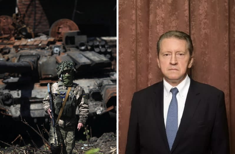 A Ukrainian soldier poses next to a destroyed Russian tank in a village near Kharkiv, Ukraine, on 5 May 2022. (PHOTO: Reuters). Russian ambassador Nikolay Kudashev (PHOTO: Russia's embassy in Singapore)