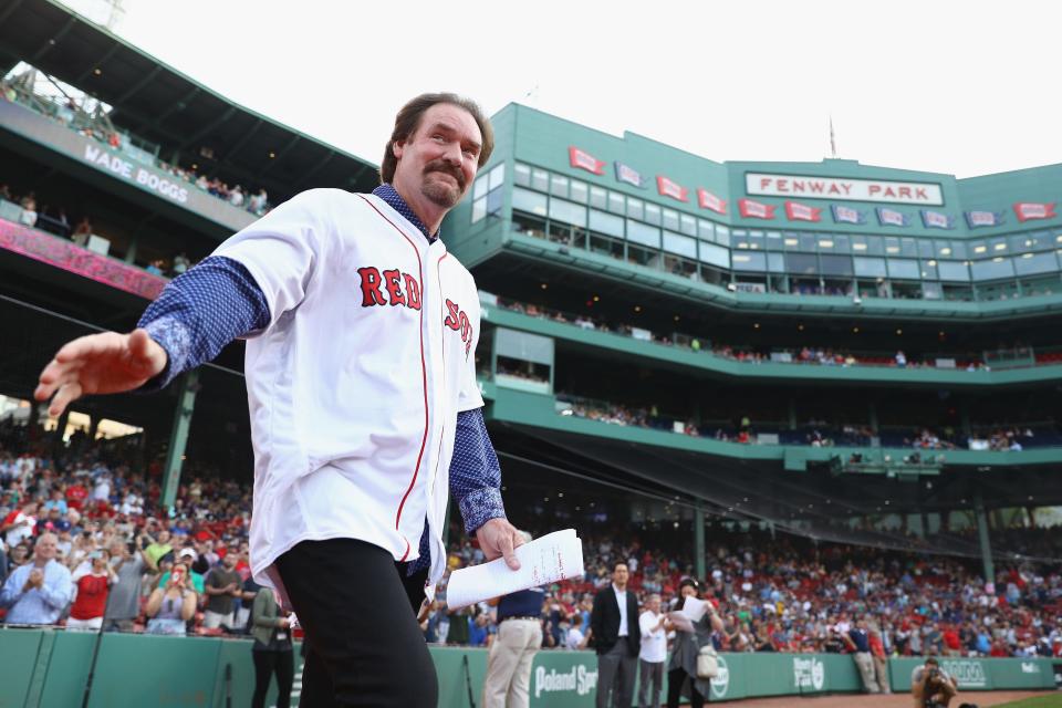 Wade Boggs acknowledges the crowd prior to his number 26 retirement ceremony before the game between the Boston Red Sox and the Colorado Rockies at Fenway Park on May 26, 2016 in Boston, Massachusetts.