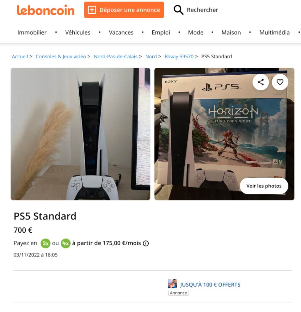 Un exemple de modèle de PS5 revendu pour 700 euros sur le site d’annonces LeBonCoin.