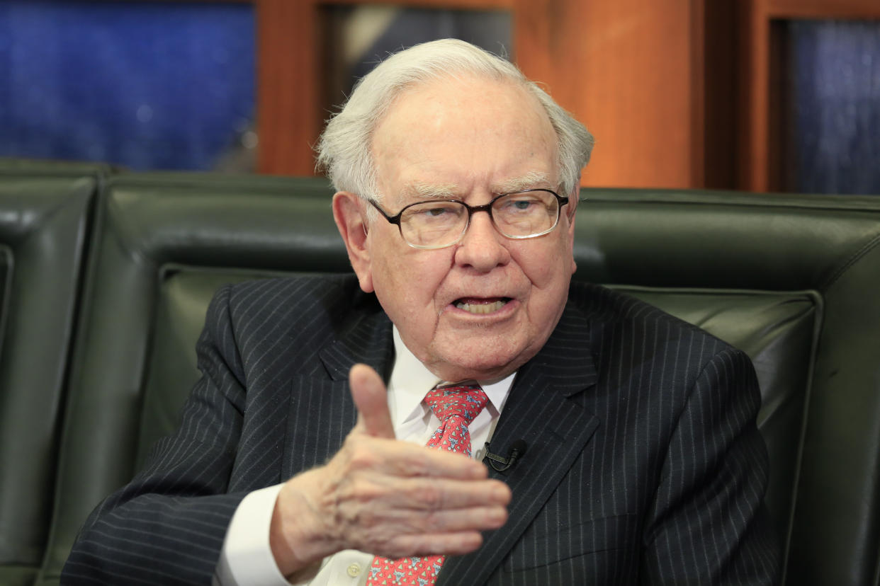 FILE – In this Monday, May 8, 2017, file photo, Berkshire Hathaway Chairman and CEO Warren Buffett speaks during an interview with Liz Claman of the Fox Business Network in Omaha, Neb. (AP Photo/Nati Harnik, File)