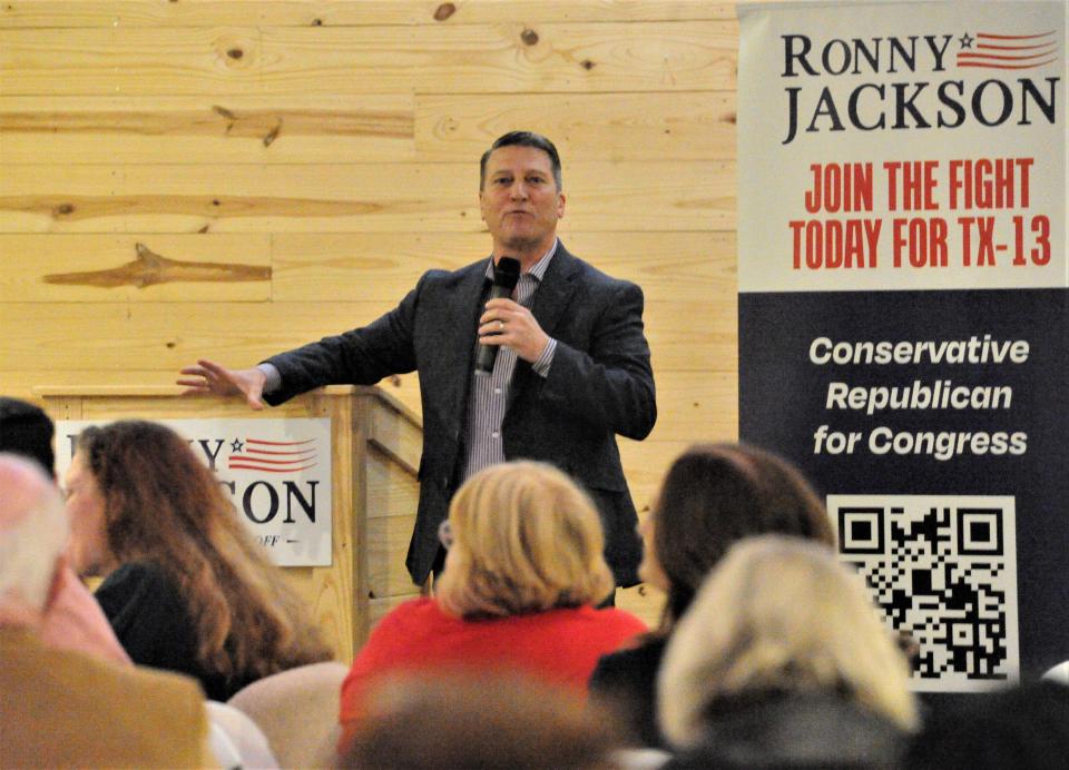 U.S. Representative Ronny Jackson speaks on current issues at his 2022 Campaign Kickoff tour at the Warehouse in downtown Wichita Falls.
