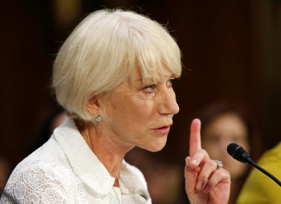 Actress Helen Mirren testifies before a joint Senate Judiciary Subcommittee hearing to discuss legislation to "facilitate the return of stolen artwork by the Nazis during the Holocaust" on Capitol Hill in Washington on June 7, 2016.