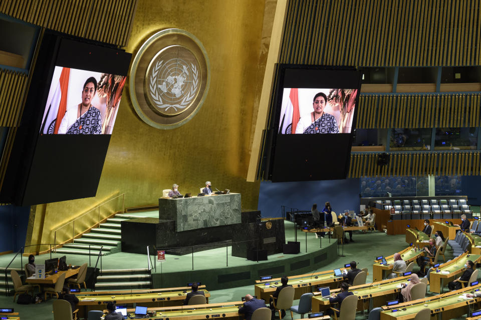 In this photo provided by the United Nations, Smriti Irani, India's Minister for Women and Child Development, speaks in the U.N. General Assembly Thursday, Oct. 1, 2020, in New York. (Loey Felipe/UN Photo via AP)