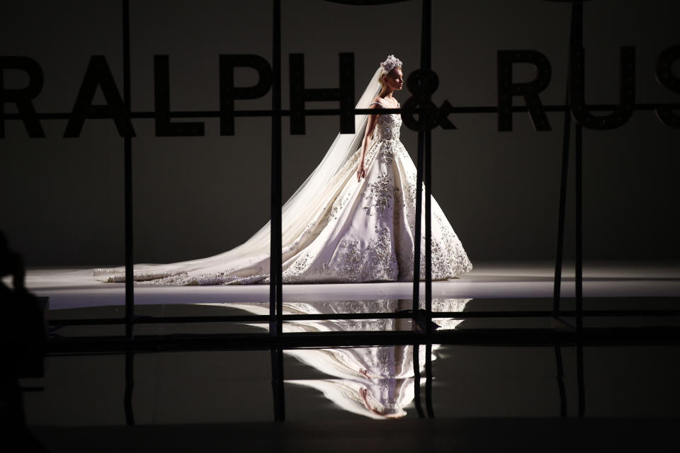 A model wears a creation for the Ralph & Russo Spring/Summer 2019 Haute Couture fashion collection presented in Paris, Monday Jan. 21, 2019. (AP Photo/Michel Euler)