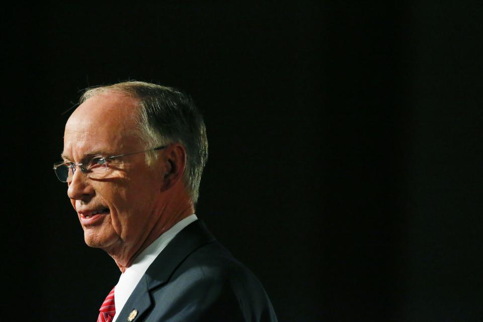 FILE - In this Tuesday, Feb. 7, 2017, file photo, Alabama Gov. Robert Bentley speaks during the annual State of the State address at the Capitol, in Montgomery, Ala. Bentley's sexually charged phone calls with a younger female aide set off tabloid-like speculation in the Bible-belt state and the state Ethics Commission is preparing to announce whether it believes he broke the law. (AP Photo/Brynn Anderson, File)