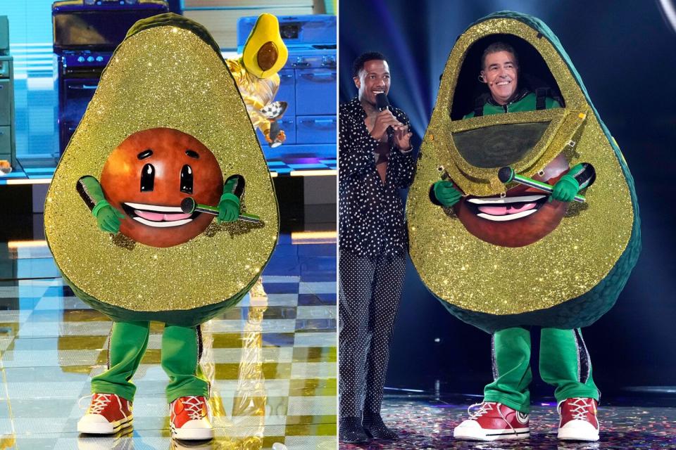 THE MASKED SINGER: Avocado in the “Comedy Roast Night” episode of THE MASKED SINGER; Host Nick Cannon and Adam Carolla in the “Comedy Roast Night” episode of THE MASKED SINGER