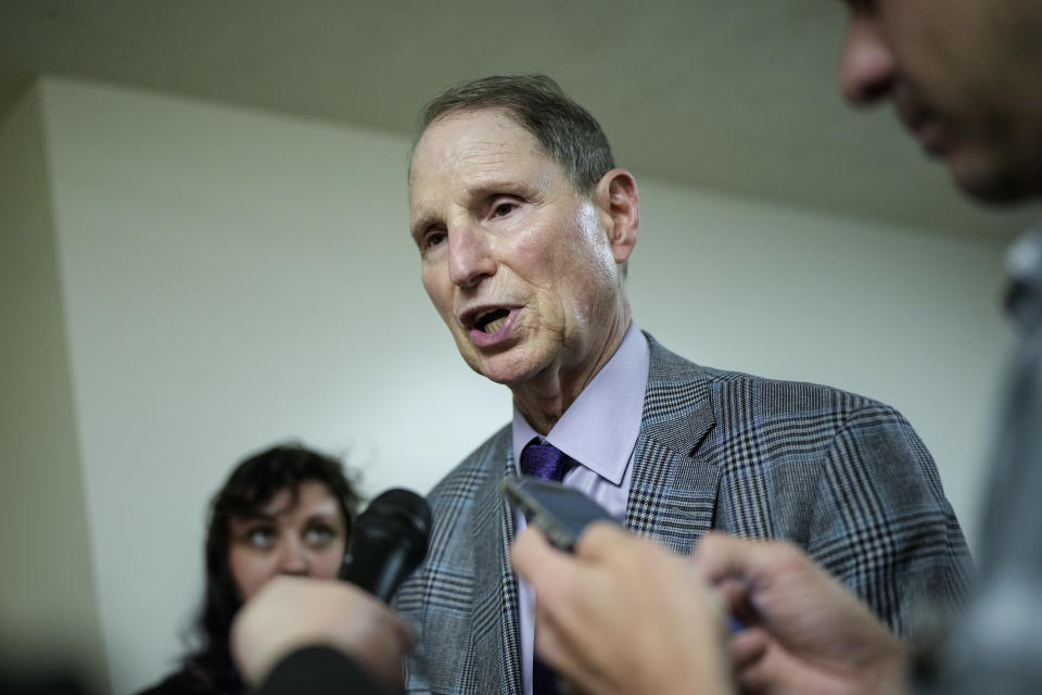WASHINGTON, DC - SEPTEMBER 11: Sen. Ron Wyden (D-OR) speaks with reporters in the Senate subway at the U.S. Capitol on September 11, 2023 in Washington, DC. The House of Representatives is scheduled to return Tuesday following an almost six-week break and lawmakers have only a dozen legislative days left to reach a budget compromise and avert a government shutdown. (Photo by Drew Angerer/Getty Images)
