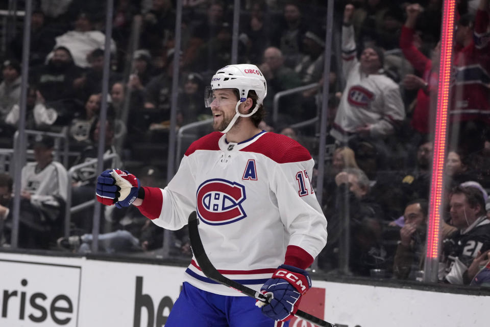 Montreal Canadiens right wing Josh Anderson celebrates after scoring against the Los Angeles Kings during the first period of an NHL hockey game Thursday, March 2, 2023, in Los Angeles. (AP Photo/Marcio Jose Sanchez)
