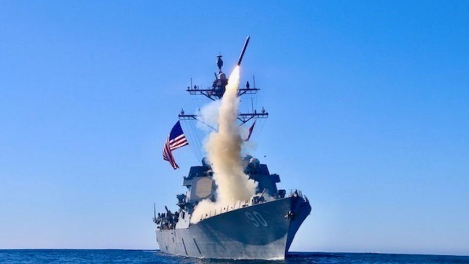 The guided-missile destroyer USS Chafee (DDG 90) launches a new Block V Tomahawk during a missile exercise on Dec. 1, 2020, marking the first time a Block V Tomahawk missile was operationally tested.  (Ens. Sean Ianno/US Navy)