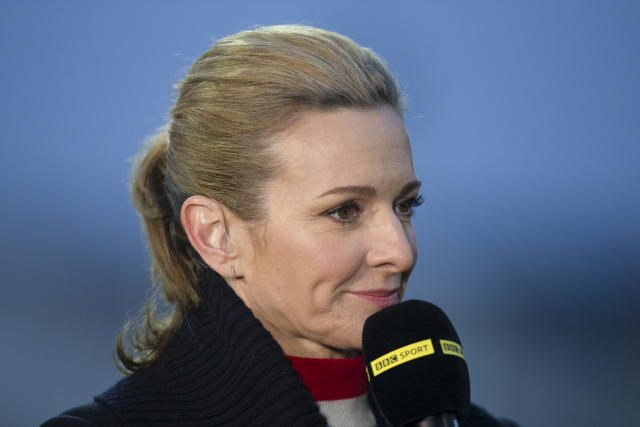 SWINDON, ENGLAND - APRIL 09: BBC Television Presener, Gabby Logan during the International Friendly between England Women and Spain Women at County Ground on April 9, 2019 in Swindon, England. (Photo by Molly Darlington - AMA/Getty Images)