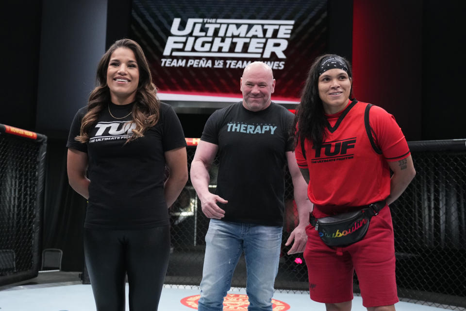 LAS VEGAS, NEVADA - MARCH 10:  (L-R) Julianna Pena and Amanda Nunes react after their faceoff during the filming of The Ultimate Fighter at UFC APEX on March 10, 2022 in Las Vegas, Nevada. (Photo by Chris Unger/Zuffa LLC)