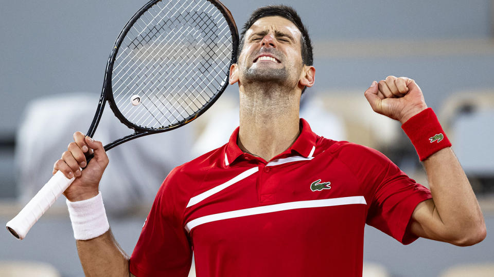 Novak Djokovic, pictured here celebrating his victory over Karen Kachanov at the French Open.