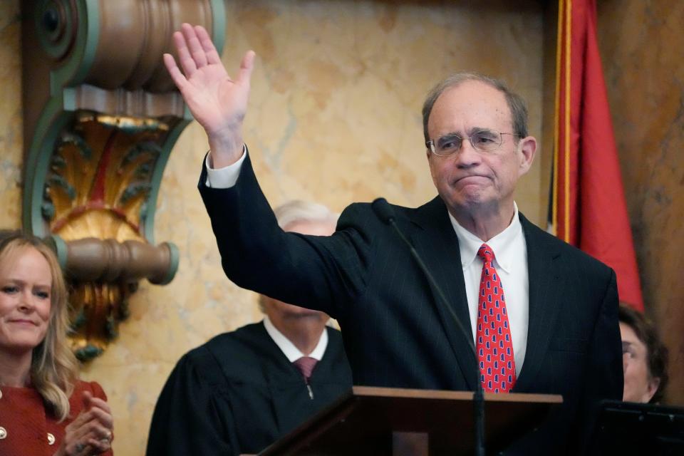 Mississippi Lt. Gov. Delbert Hosemann waves to lawmakers in the joint session of the Mississippi Legislature after delivering his speech, moments after reciting the oath of office for his second term, Thursday, Jan. 4, 2024, in the Mississippi House Chamber at the Mississippi State Capitol, in Jackson, Miss. (AP Photo/Rogelio V. Solis)
