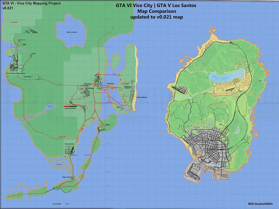 A fan’s imagining of what the GTA 6 map for Vice City and its surroundings might look like (BKG/ screengrab)