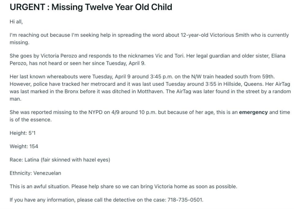 NYPD Detectives contacted Perozo Friday and told her they had security footage that caught Tori around 5:45 a.m. Thursday morning getting on the N/R line at the NYU-8th St. subway stop near Astor Place in the East Village. Reddit/SnooGadgets7448