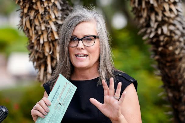 PHOTO: Arizona Democratic gubernatorial candidate Katie Hobbs speaks to the media before dropping off her primary election ballot, July 21, 2022, in Scottsdale, Ariz.   (Ross D. Franklin/AP, FILE)