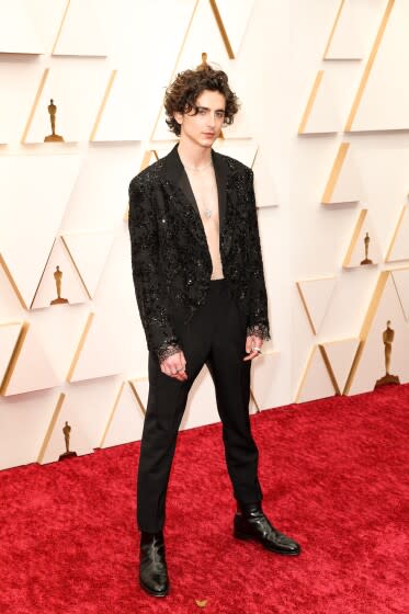 Timotheé Chalamet Goes Shirtless in Sparkling Blazer & Boots at Oscars –  Footwear News