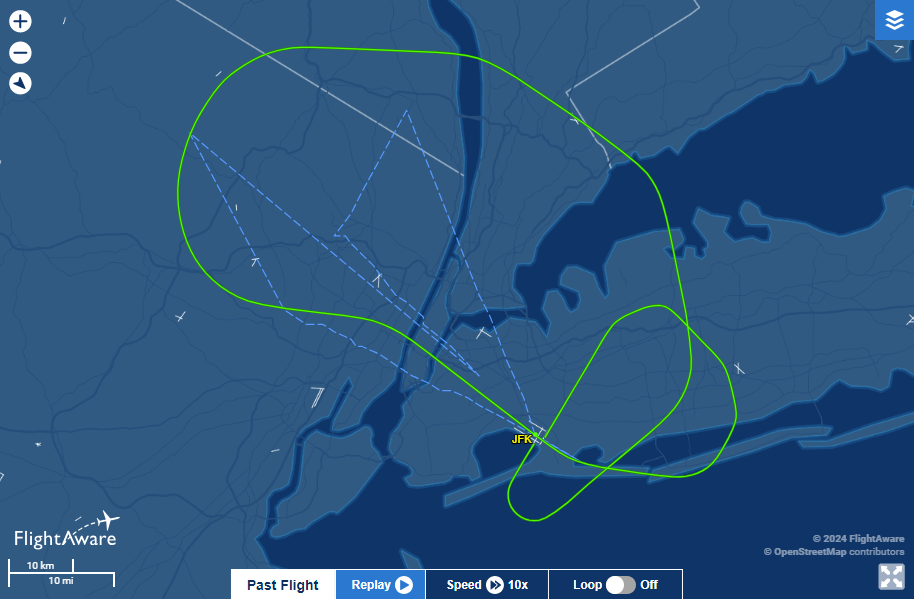 The flight path of Delta Flight 520, which suffered an emergency involving its emergency escape slide on April 26, 2024.  / Credit: FlightAware.com