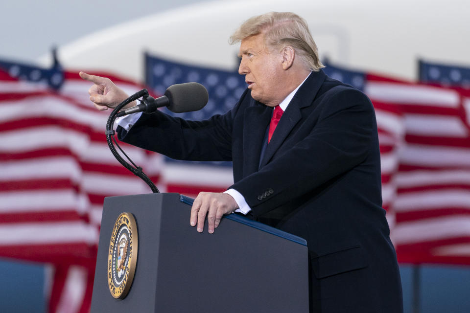 President Donald Trump speaks during a campaign rally at Muskegon County Airport, Saturday, Oct. 17, 2020, in Norton Shores, Mich. (AP Photo/Alex Brandon)