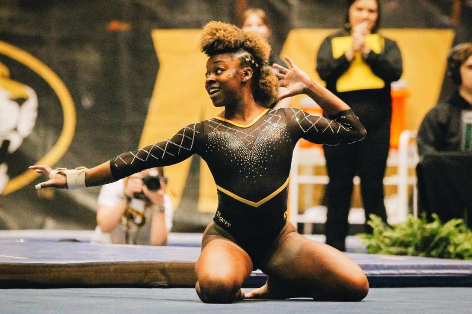 Amari Celestine performs her floor routine during the Missouri gymnastics meet against No. 10 Kentucky on Feb. 3, 2023, at the Hearnes Center in Columbia, Mo.