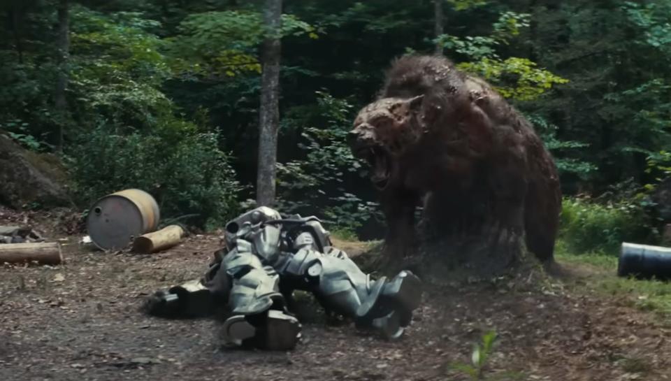 A Yao guai bear attacking a Brotherhood of Steel Knight in the "Fallout" trailer.