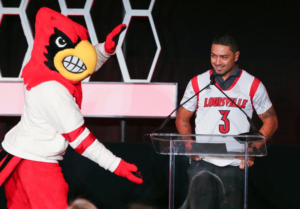 Peyton Siva addresses the crowd at the U of L men’s  basketball tipoff luncheon on Monday, Oct. 9, 2023.