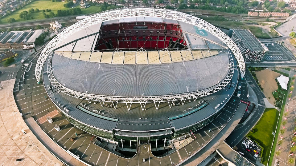 London, UK - October 10 : Wembley Stadium on October 10, 2016 in London, England. Aerial View Photo Flying Over Iconic Football Arena Wembley Stadium UK