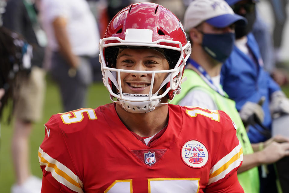 Kansas City Chiefs quarterback Patrick Mahomes (15) smiles during the second half of an NFL football game against the Carolina Panthers in Kansas City, Mo., Sunday, Nov. 8, 2020. (AP Photo/Orlin Wagner)