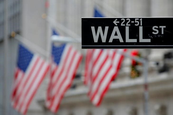 FILE PHOTO: A street sign for Wall Street is seen outside the New York Stock Exchange (NYSE) in Manhattan, New York City, U.S. December 28, 2016. REUTERS/Andrew Kelly/File Photo