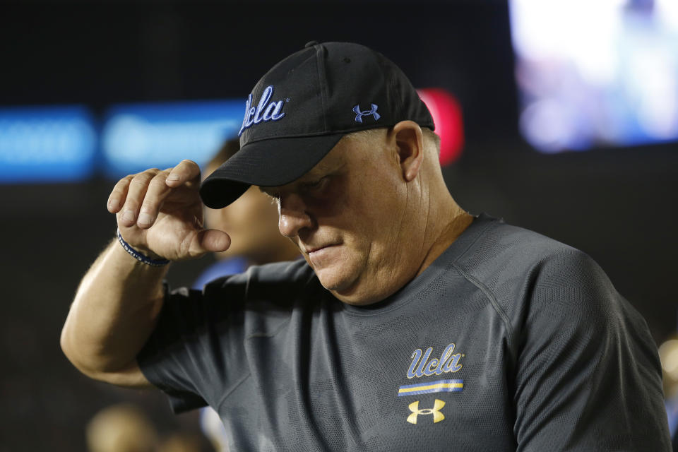 LOS ANGELES, CALIFORNIA - SEPTEMBER 14:  Head coach Chip Kelly of the UCLA Bruins walks off the field after being defeated by the Oklahoma Sooners 48-14 in a game at the Rose Bowl on September 14, 2019 in Los Angeles, California. (Photo by Sean M. Haffey/Getty Images)