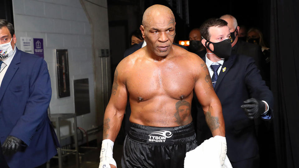 Pictured here, Mike Tyson at his comeback fight against Roy Jones Jr.