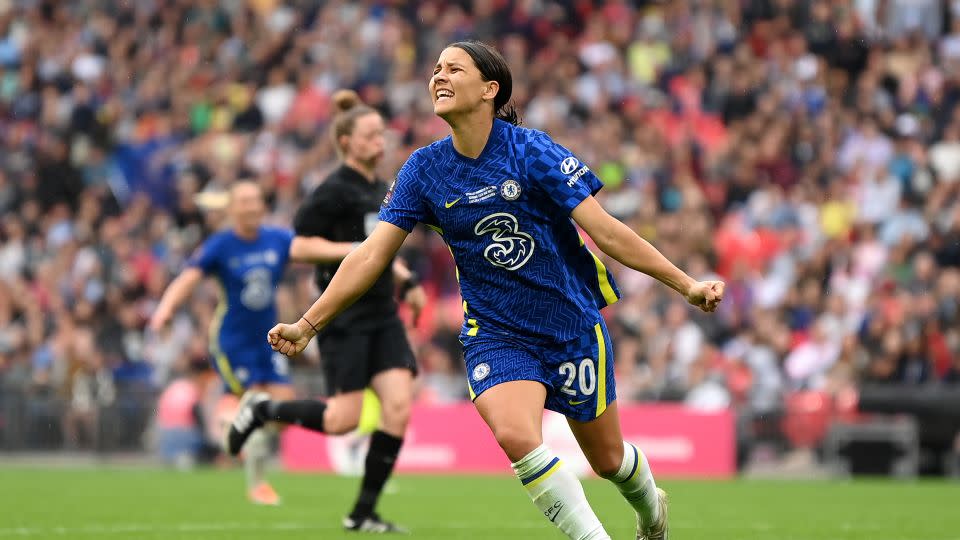 Sam Kerr celebrates scoring for Chelsea against Manchester City last year. - Michael Regan/Getty Images