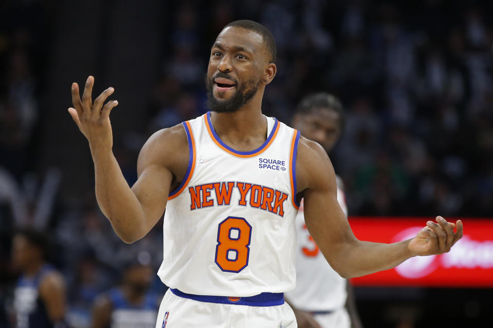 Dec 28, 2021; Minneapolis, Minnesota, USA; New York Knicks guard Kemba Walker (8) questions a referee's call for the Minnesota Timberwolves in the third quarter at Target Center. Mandatory Credit: Bruce Kluckhohn-USA TODAY Sports