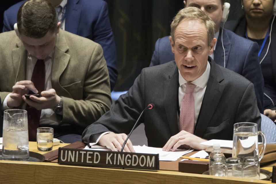 UK Ambassador to the UN Matthew Rycroft speaks during a Security Council meeting on the situation in Syria, Friday, April 7, 2017 at United Nations headquarters. (AP Photo/Mary Altaffer)