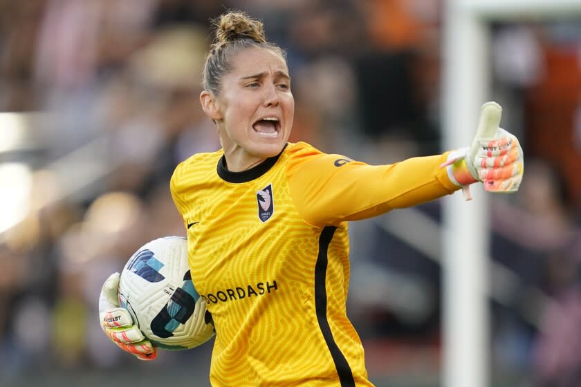 Angel City FC goal keeper Didi Haracic (13) gives a thumbs up to a teammate during the second half of an NWSL soccer match against the NJ/NY Gotham FC in Los Angeles, Sunday, May 29, 2022. (AP Photo/Ashley Landis)