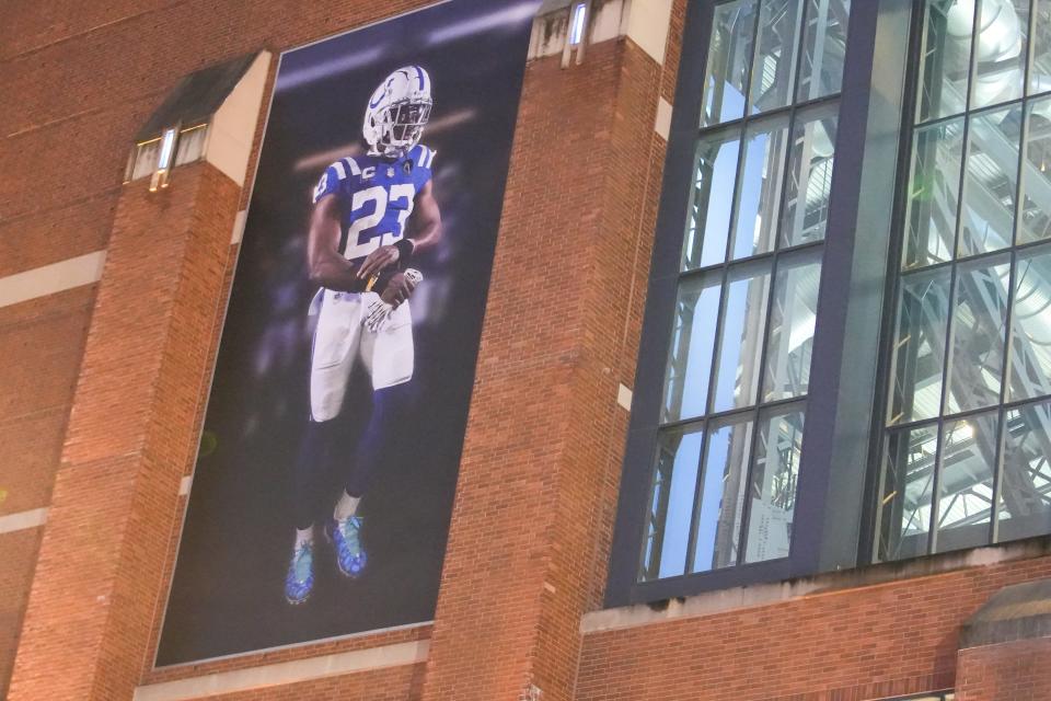 Indianapolis Colts cornerback Kenny Moore II (23) is shown on a new banner, Thursday, Dec. 28, 2023, before a game against the Houston Texans at Lucas Oil Stadium in Indianapolis.
