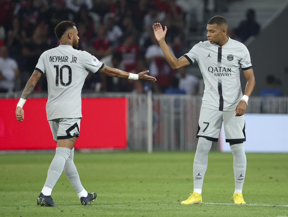 Seen here, Neymar Jr and PSG teammate Kylian Mbappe giving each other a high-five during their league win over Lille. 