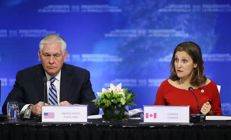 U.S. Secretary of State Rex Tillerson speaks with Canada’s Minister of Foreign Affairs Chrystia Freeland during the Foreign Ministers’ Meeting on Security and Stability on the Korean Peninsula in Vancouver, British Columbia, Canada, January 16, 2018. REUTERS/Ben Nelms