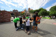 <p>Students from I.S. 117 Joseph H. Wade in the Bronx create art on one of the tables in Union Square Park in New York City on June 5, 2018. (Photo: Gordon Donovan/Yahoo News) </p>