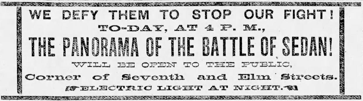 An advertisement for the opening of the Battle of Sedan panorama appeared in the Cincinnati Post on Aug. 29, 1885.