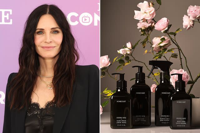 <p>Amy Sussman/Getty Images; Homecourt</p> Courteney Cox (left) and Homecourt products (right).