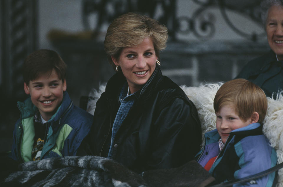 Diana, Princess of Wales (1961 - 1997) riding in a traditional sleigh with Prince William and Prince Harry during a skiing holiday in Lech, Austria, 30th March 1993