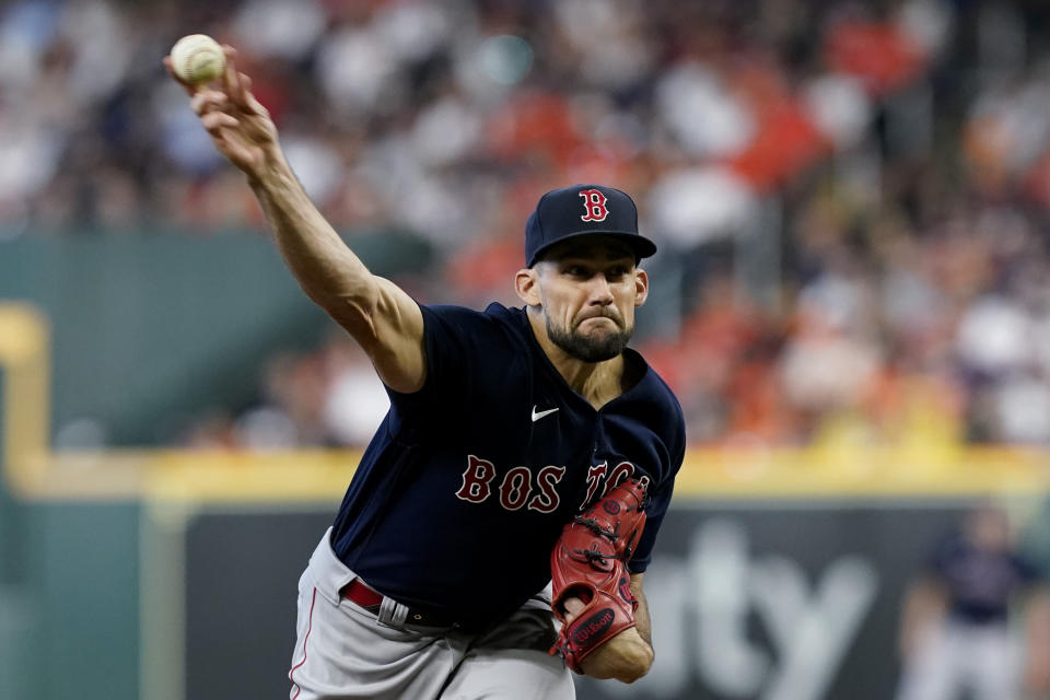 Boston Red Sox starting pitcher Nathan Eovaldi throws against the Houston Astros during the first inning in Game 2 of baseball's American League Championship Series Saturday, Oct. 16, 2021, in Houston. (AP Photo/Tony Gutierrez)