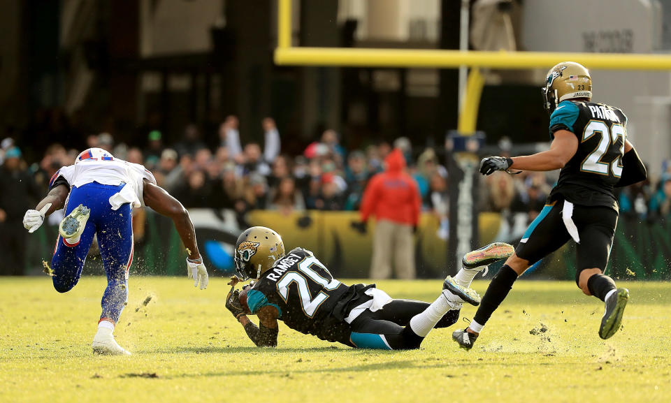 <p>Jalen Ramsey #20 of the Jacksonville Jaguars makes an interception during AFC Wild Card playoff game against the Buffalo Bills at EverBank Field on January 7, 2018 in Jacksonville, Florida. (Photo by Mike Ehrmann/Getty Images) </p>