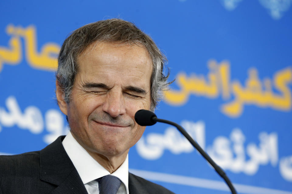 International Atomic Energy Organization, IAEA, Director General Rafael Mariano Grossi gestures during a joint press conference with head of Atomic Energy Organization of Iran Mohammad Eslami, in Tehran, Saturday, March 4, 2023. (AP Photo/Vahid Salemi)