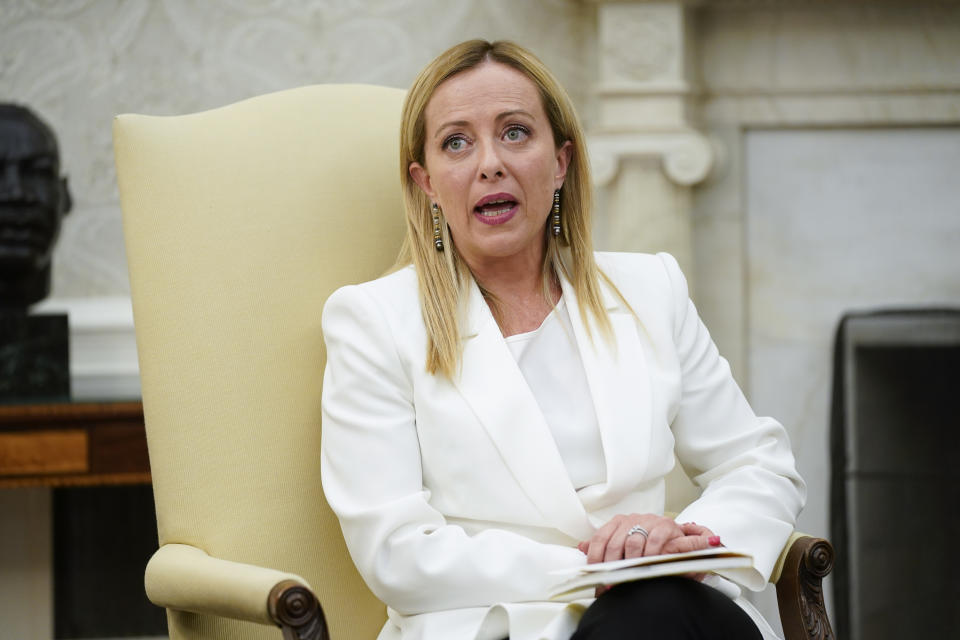 Italian Prime Minister Giorgia Meloni meets with President Joe Biden in the Oval Office of the White House, Thursday, July 27, 2023, in Washington. (AP Photo/Evan Vucci)