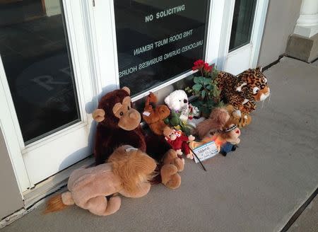 Stuffed animals left by protesters block the doorway of River Bluff Dental clinic after the killing of a famous lion in Zimbabwe, in Bloomington, Minnesota July 28, 2015. REUTERS/David Bailey